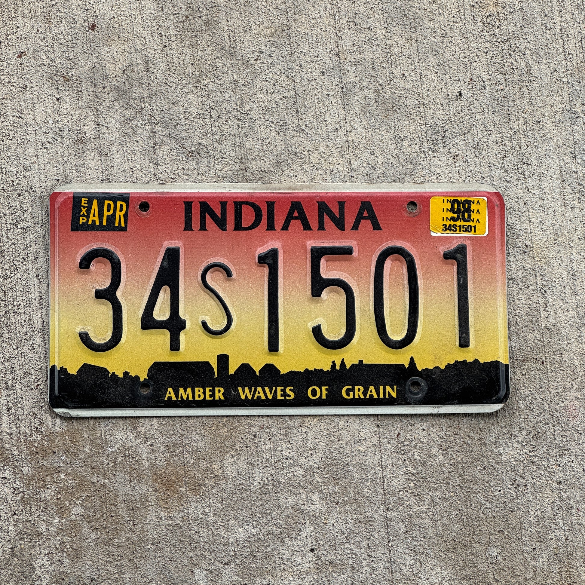 Photo of a 1994 1998 Indiana License Plate Auto Tag Garage Decor Vintage 34 S 1501 with original patina