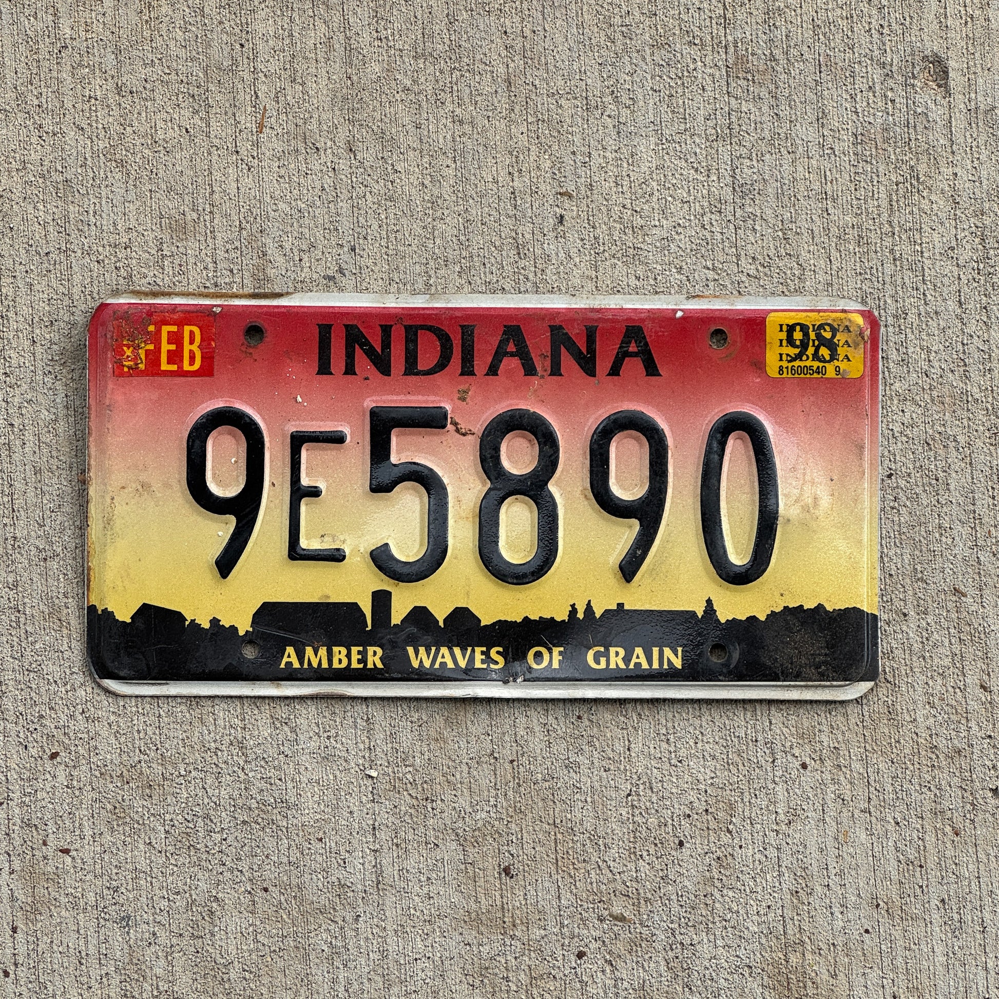 Photo of a 1994 1998 Indiana License Plate Auto Tag Garage Decor Vintage 9 E 5890 with original patina