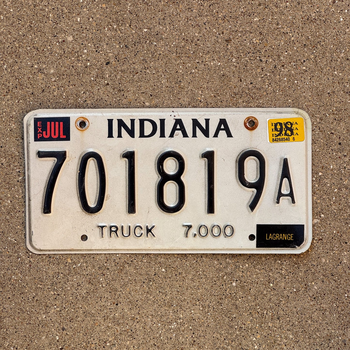 Photo of a 1994 1998 Indiana Truck License Plate Auto Tag Garage Decor Vintage 701819 A