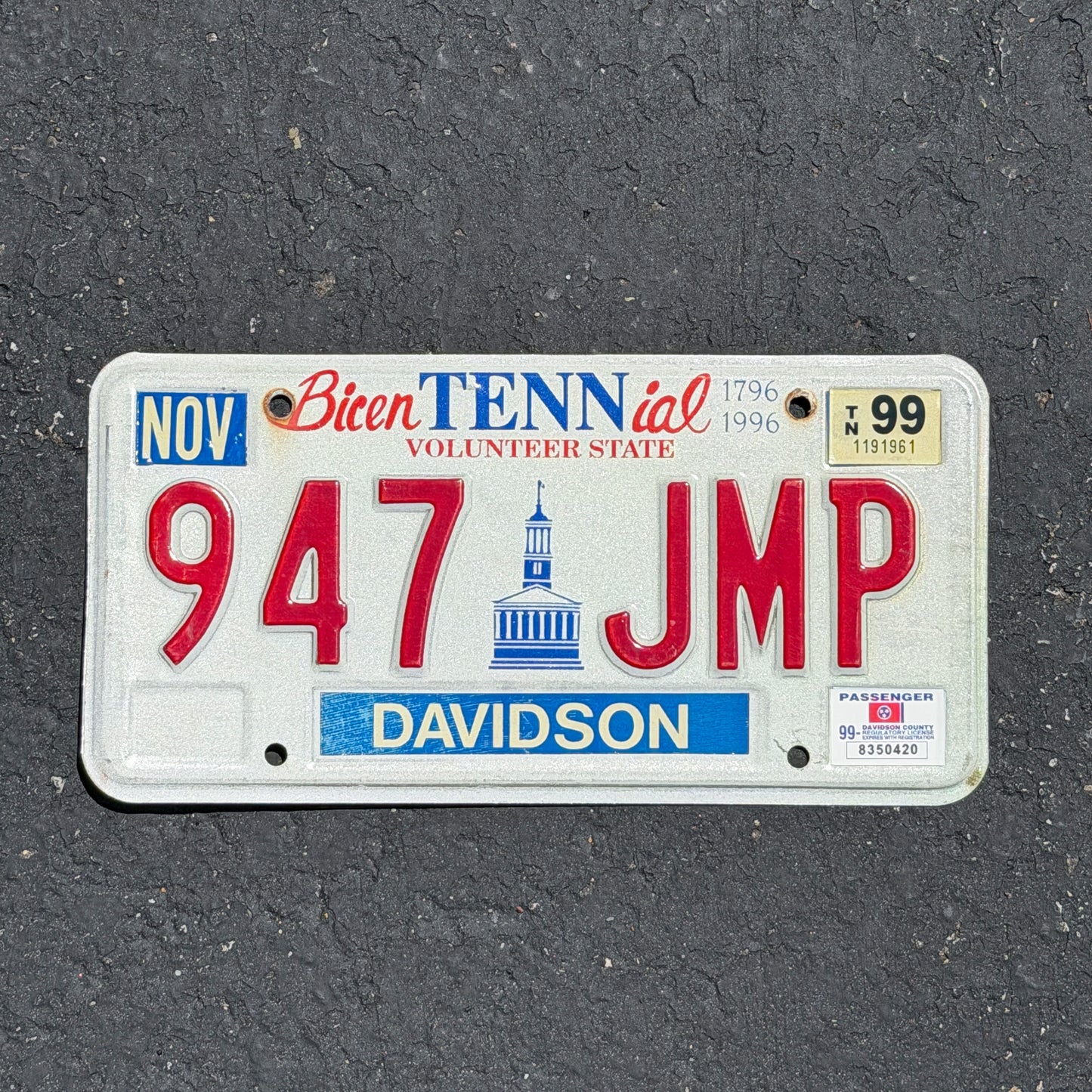 Photo of a 1994 1999 Tennessee License Plate Auto Tag Garage Decor Vintage 947 JMP with original patina