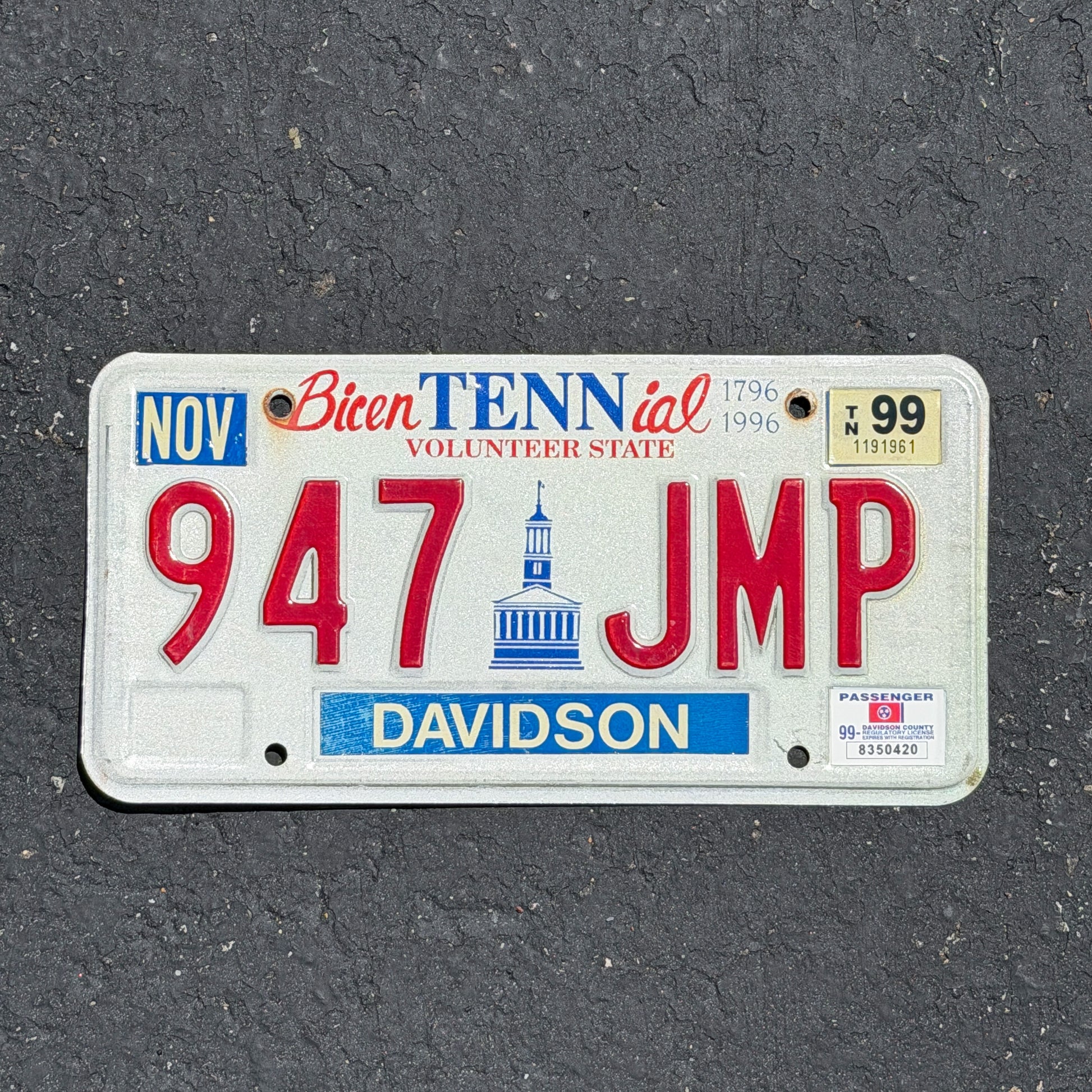 Photo of a 1994 1999 Tennessee License Plate Auto Tag Garage Decor Vintage 947 JMP with original patina