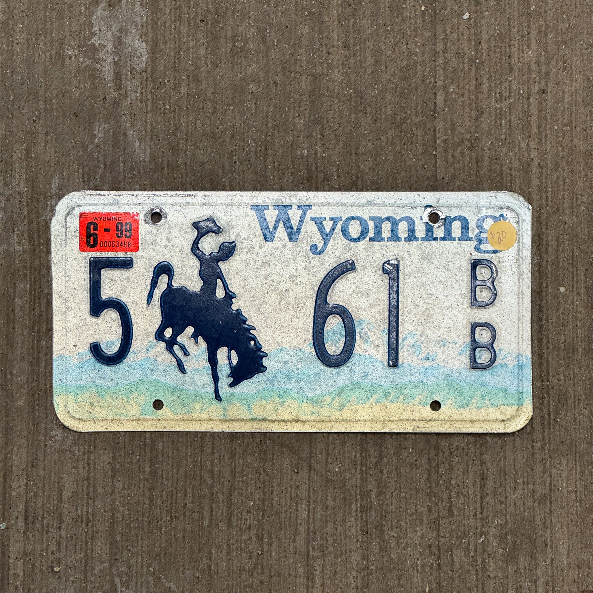 Photo of a 1994 1999 Wyoming License Plate Auto Tag Garage Decor Vintage 5 61 BB with original patina