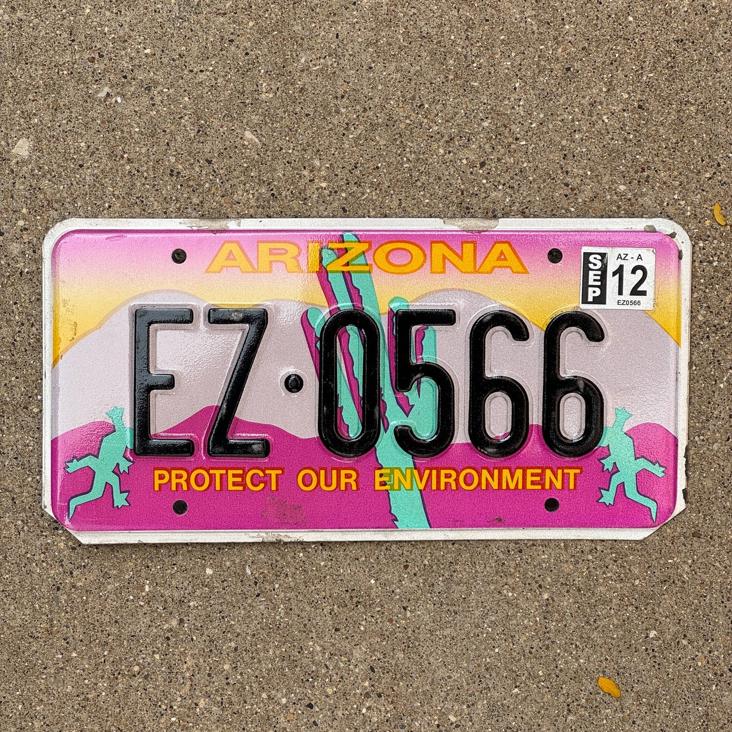 Photo of a 1994 2012 Arizona Graphic / Specialty License Plate Auto Tag Garage Decor Vintage Protect Our Environment EZ 0566 with original patina