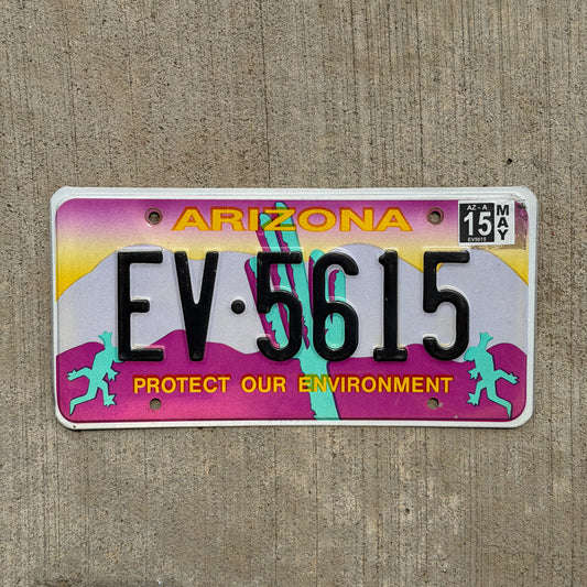 Photo of a 1994 2015 Arizona Graphic / Specialty License Plate Auto Tag Garage Decor Vintage Protect Our Environment EV 5615 with original patina