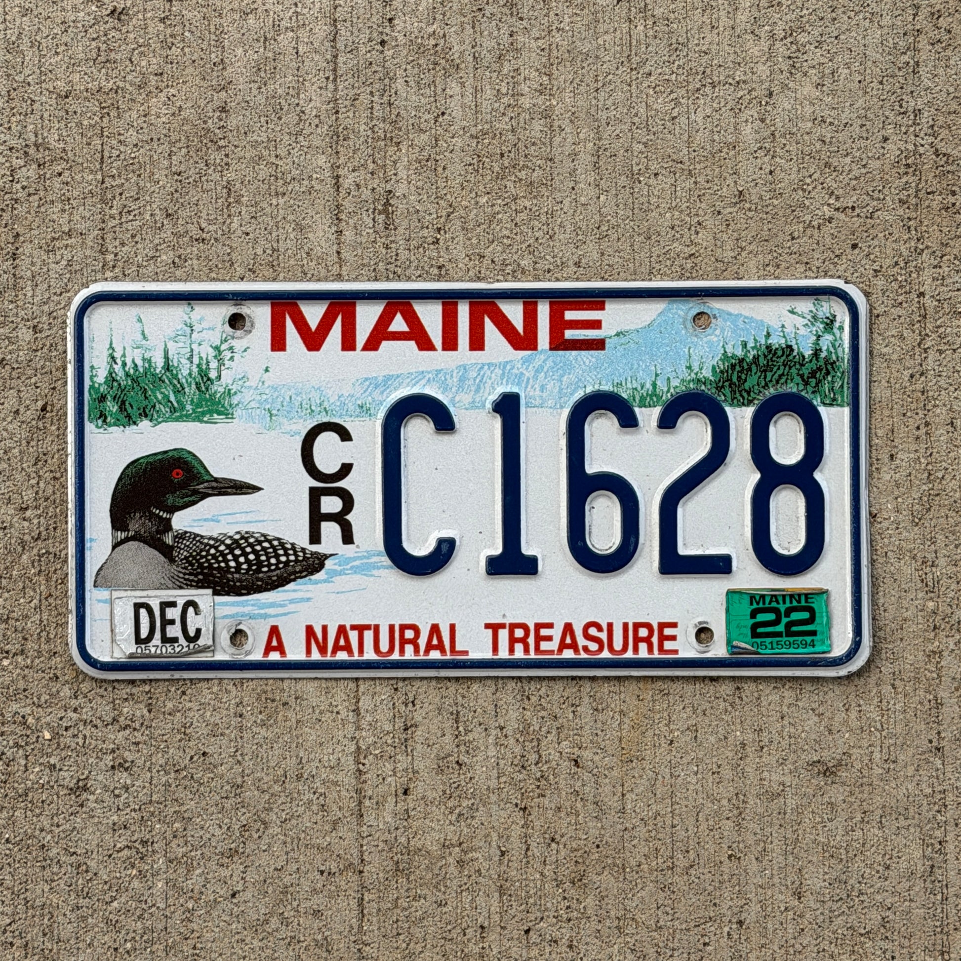 Photo of a 1994 2022 Maine Graphic / Specialty License Plate Auto Tag Garage Decor Vintage Loon Bird CR C1628 with original patina