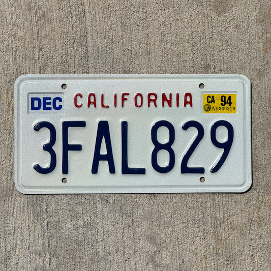 Photo of a 1994 California License Plate Auto Tag Garage Decor Vintage 3 FAL 829 with original patina