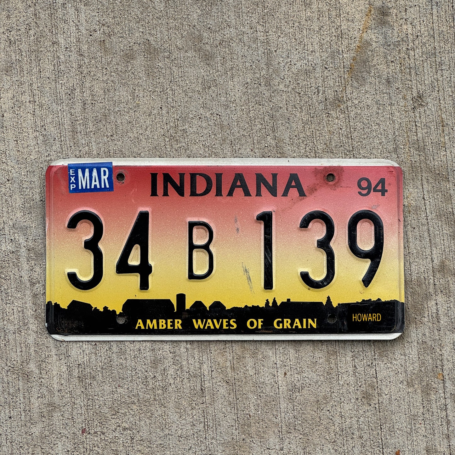 Photo of a 1994 Indiana License Plate Auto Tag Garage Decor Vintage 34 B 139 with original patina