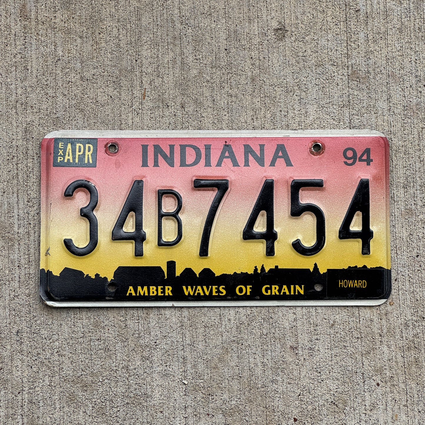 Photo of a 1994 Indiana License Plate Auto Tag Garage Decor Vintage 34 B 7454 with original patina