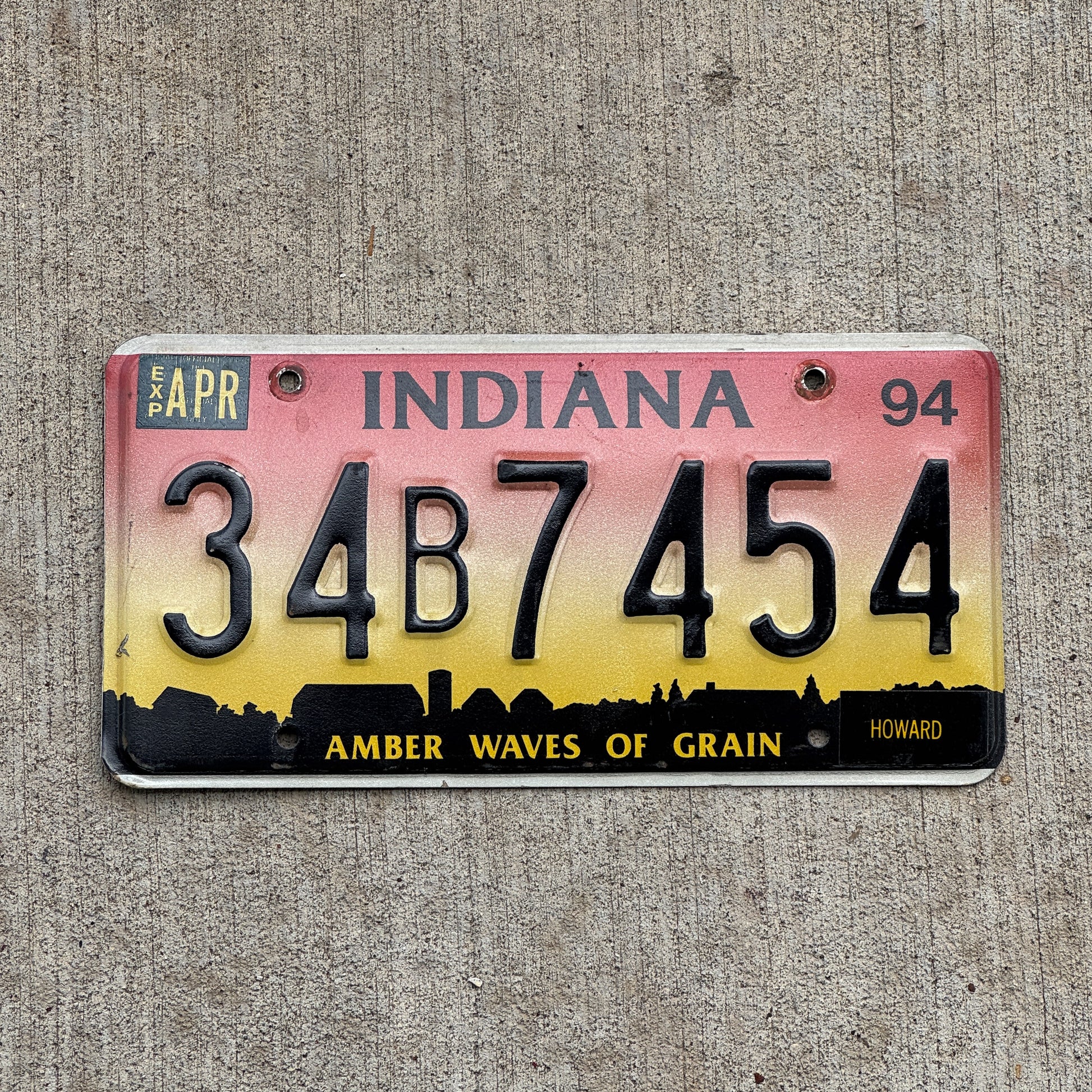 Photo of a 1994 Indiana License Plate Auto Tag Garage Decor Vintage 34 B 7454 with original patina