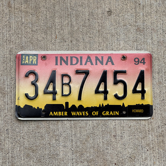 Photo of a 1994 Indiana License Plate Auto Tag Garage Decor Vintage 34 B 7454 with original patina