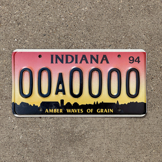Photo of a 1994 Indiana Sample License Plate Auto Tag 4 Vintage 00A0000 with original patina