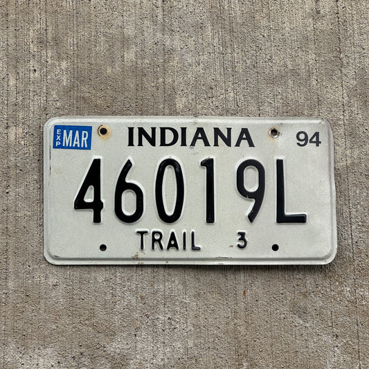 Photo of a 1994 Indiana Trailer License Plate Auto Tag Garage Decor Vintage 46019 L with original patina