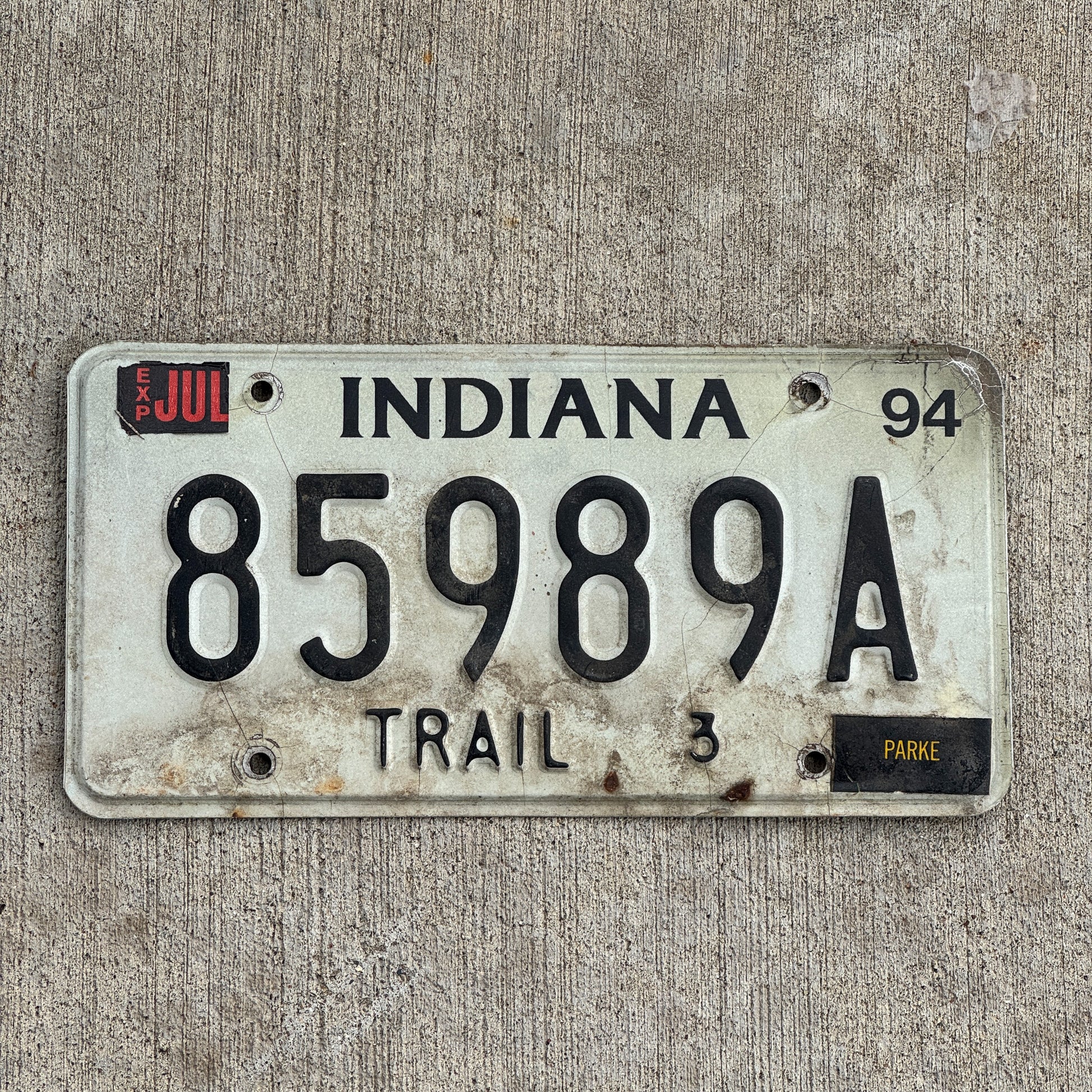 Photo of a 1994 Indiana Trailer License Plate Auto Tag Garage Decor Vintage 85989 A with original patina