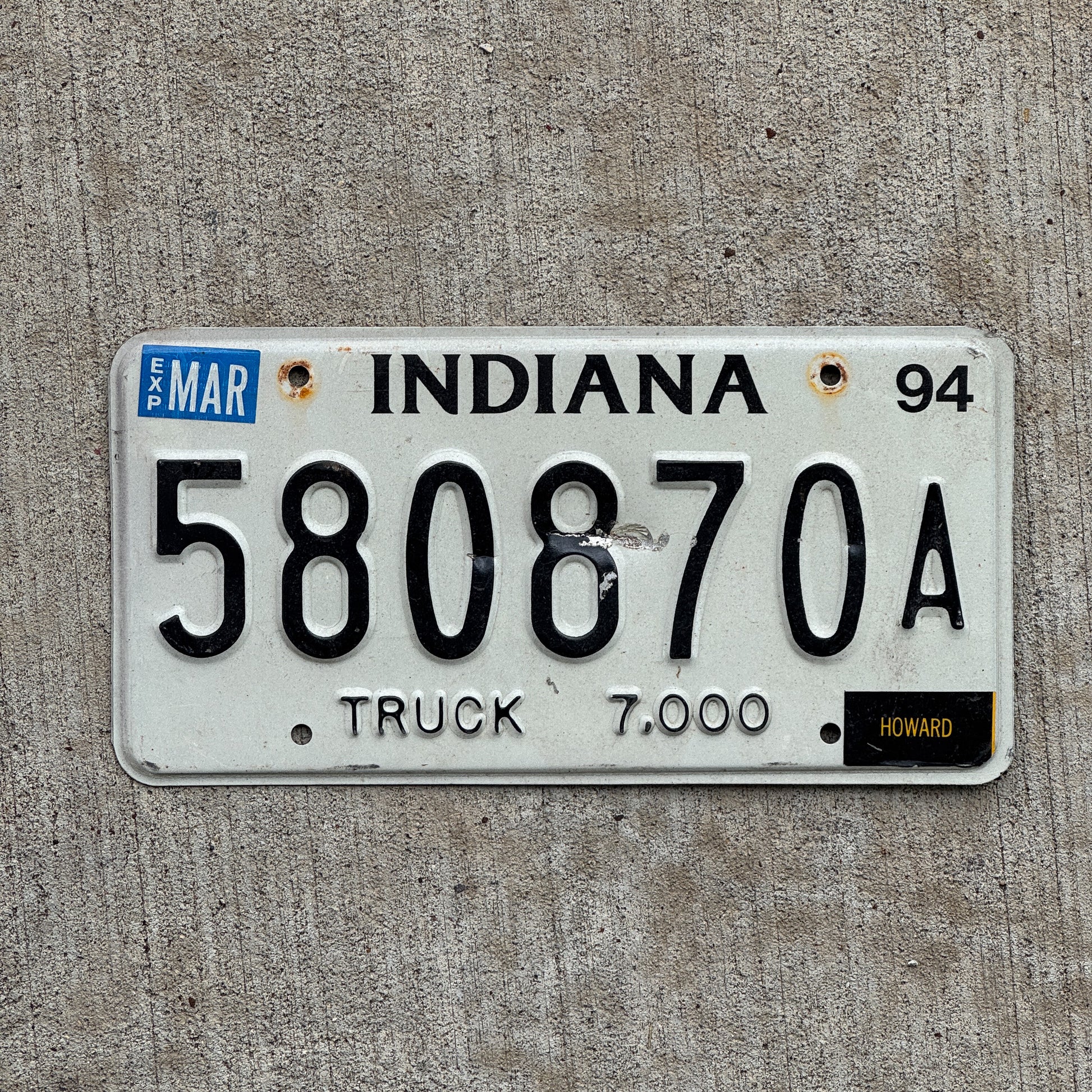 Photo of a 1994 Indiana Truck License Plate Auto Tag Garage Decor Vintage 580870 A with original patina