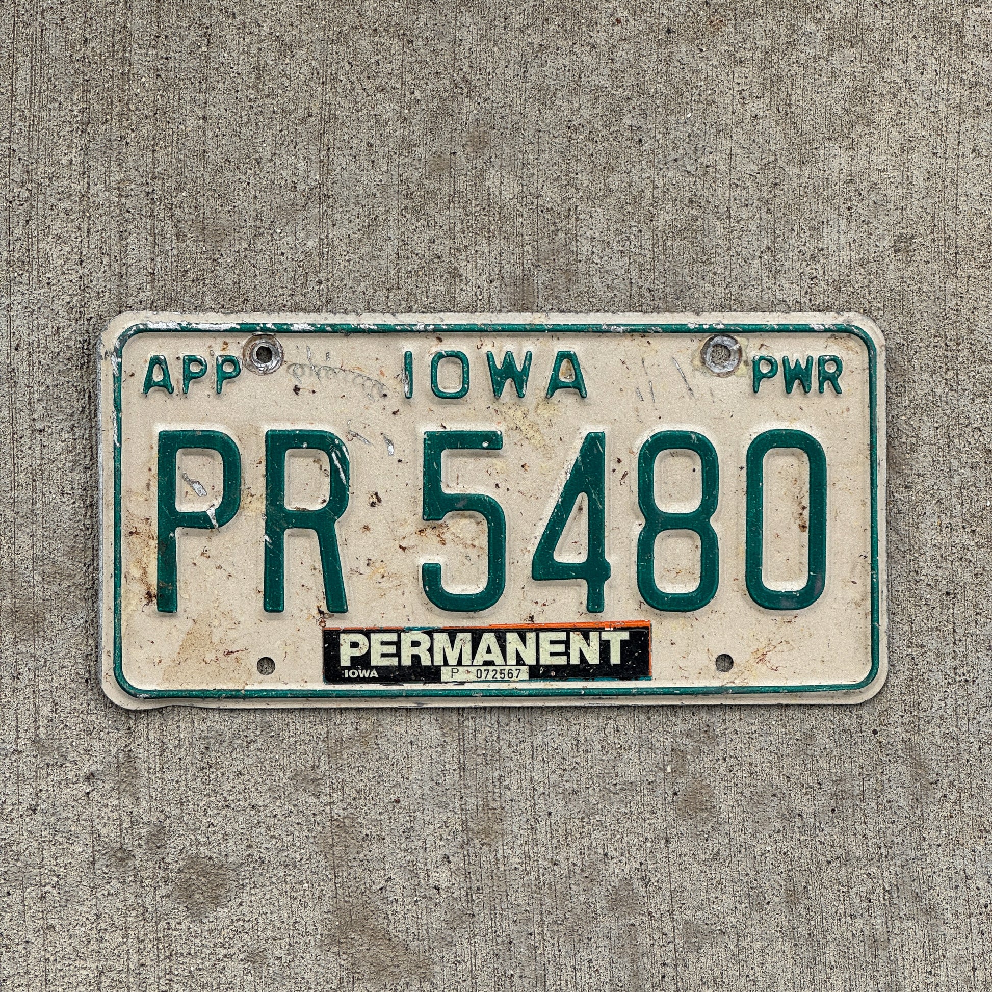 Photo of a 1994 Iowa Apportioned Power License Plate Auto Tag Garage Decor Vintage PR 5480 with original patina