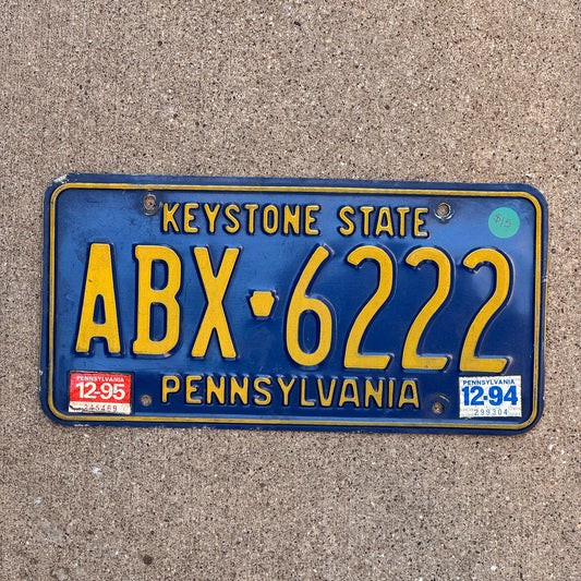 Photo of a 1994 Pennsylvania License Plate Auto Tag Garage Decor Vintage 222 Repeat Repeating ABX 6222 with original patina