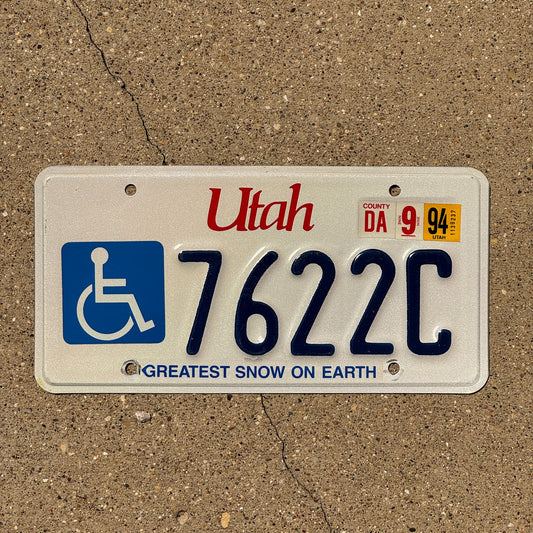 Photo of a 1994 Utah Handicap License Plate Auto Tag Garage Decor Vintage Natural 1994 7622 C