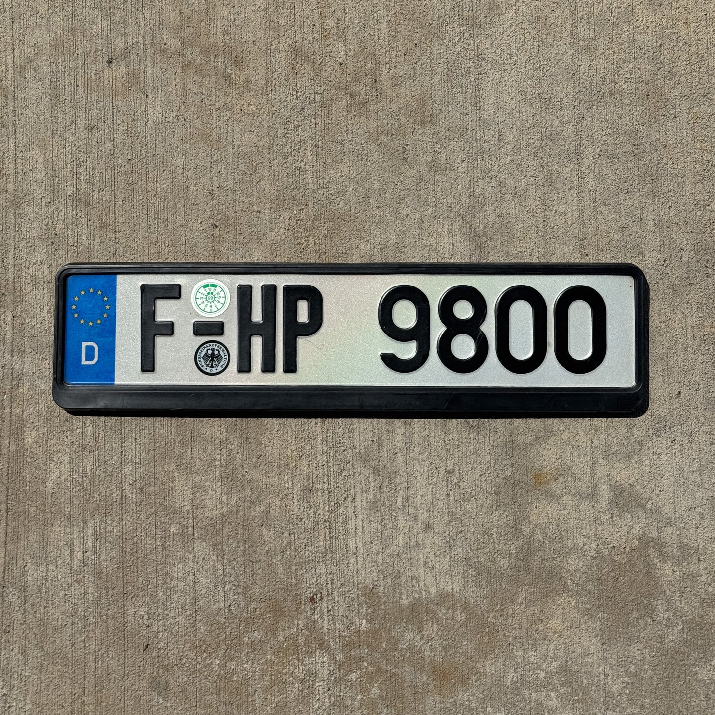 Photo of a 1995 1999 Germany License Plate Auto Tag Garage Decor Vintage Frankfurt F HP 9800 with original patina
