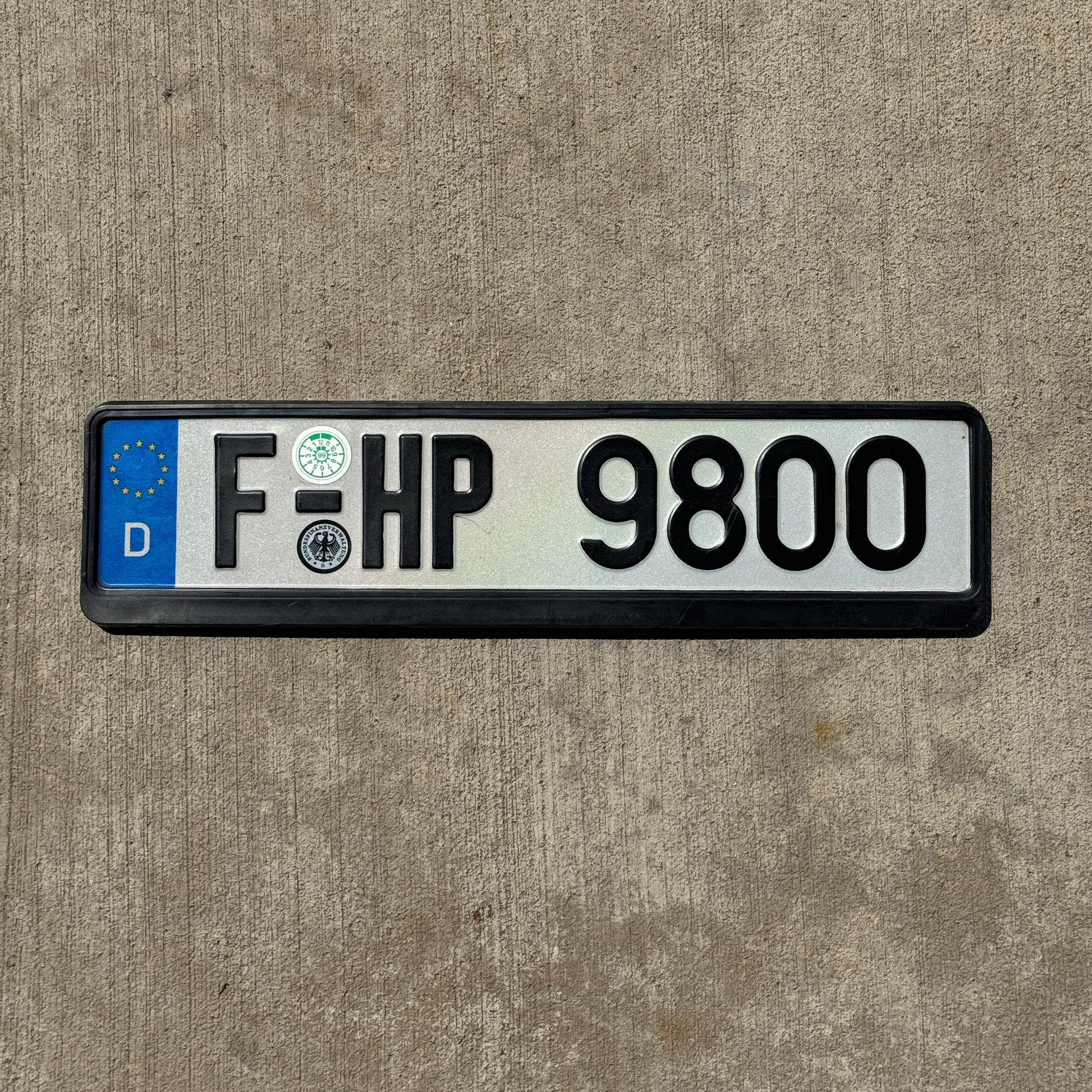 Photo of a 1995 1999 Germany License Plate Auto Tag Garage Decor Vintage Frankfurt F HP 9800 with original patina
