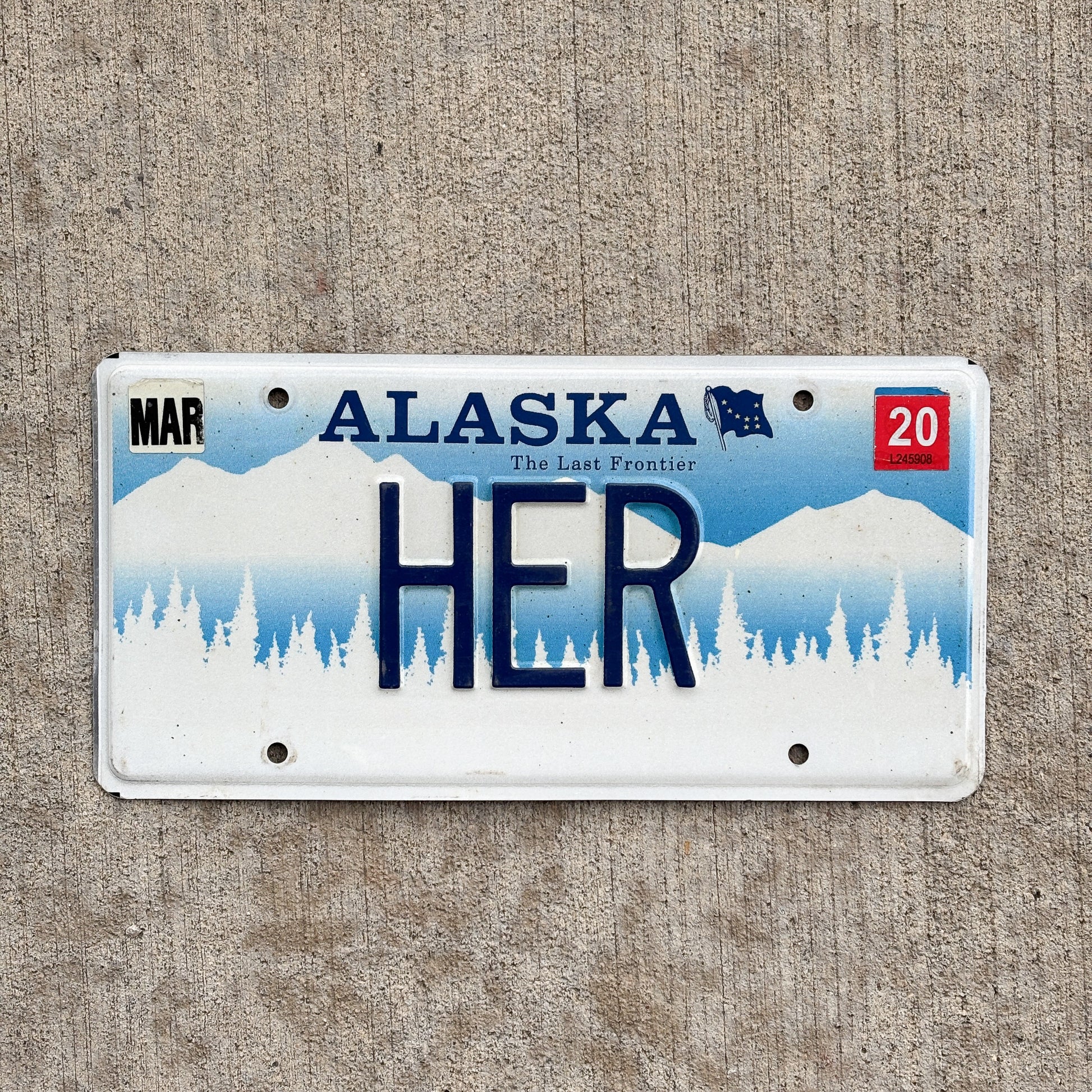 Photo of a 1995 2020 Alaska Vanity License Plate Auto Tag Garage Decor Vintage Hers Wall Decor HER with original patina