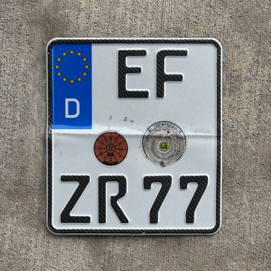 Photo of a 1995 Germany Motorcycle License Plate Auto Tag Garage Decor Vintage Erfurt Thuringia EF ZR 77 with original patina