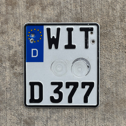 Photo of a 1995 Germany Motorcycle License Plate Auto Tag Garage Decor Vintage Witten/Dortmund North Rhine-Westphalia WIT D 377 with original patina