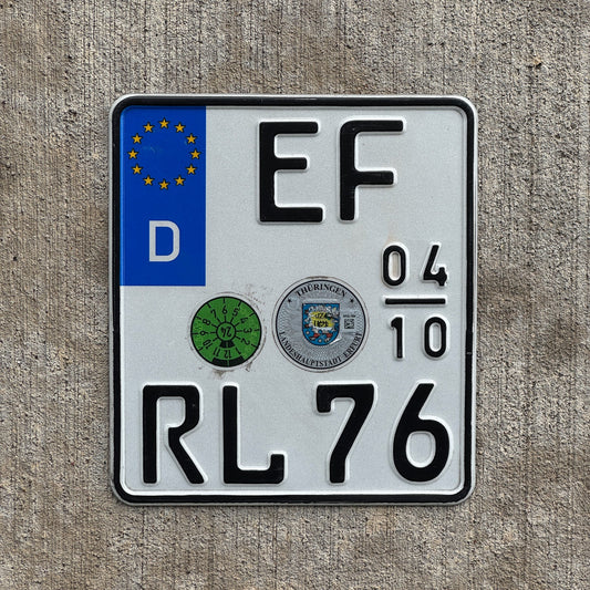 Photo of a 1995 Germany Seasonal Motorcycle License Plate Auto Tag Garage Decor Vintage Thuringia EF RL 76 with original patina