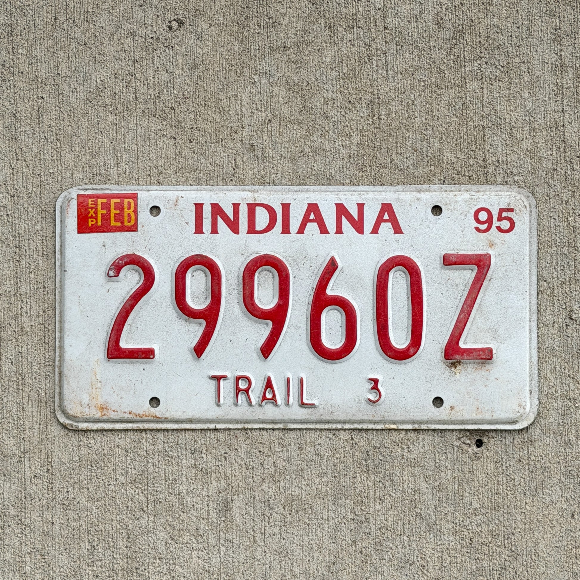 Photo of a 1995 Indiana Trailer License Plate Auto Tag Garage Decor Vintage 29960 Z with original patina