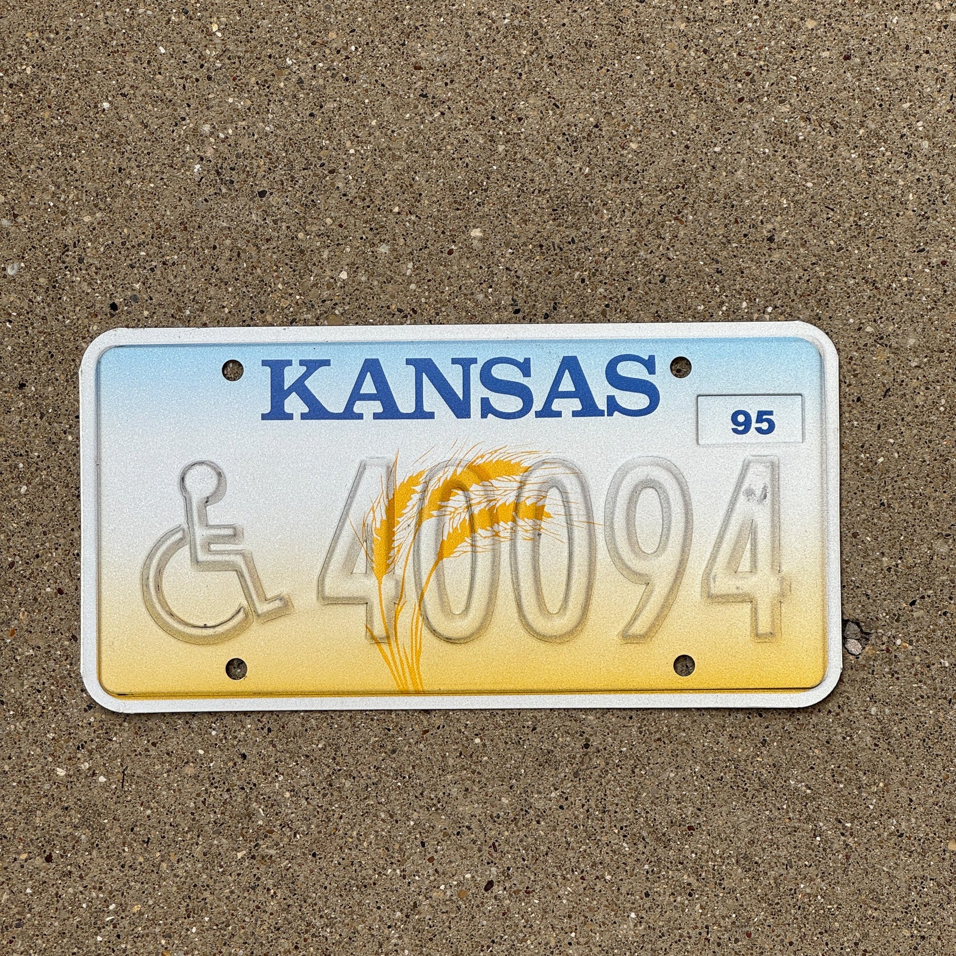 Photo of a 1995 Kansas Handicapped Error License Plate Auto Tag Garage Decor Vintage Misprint 40094