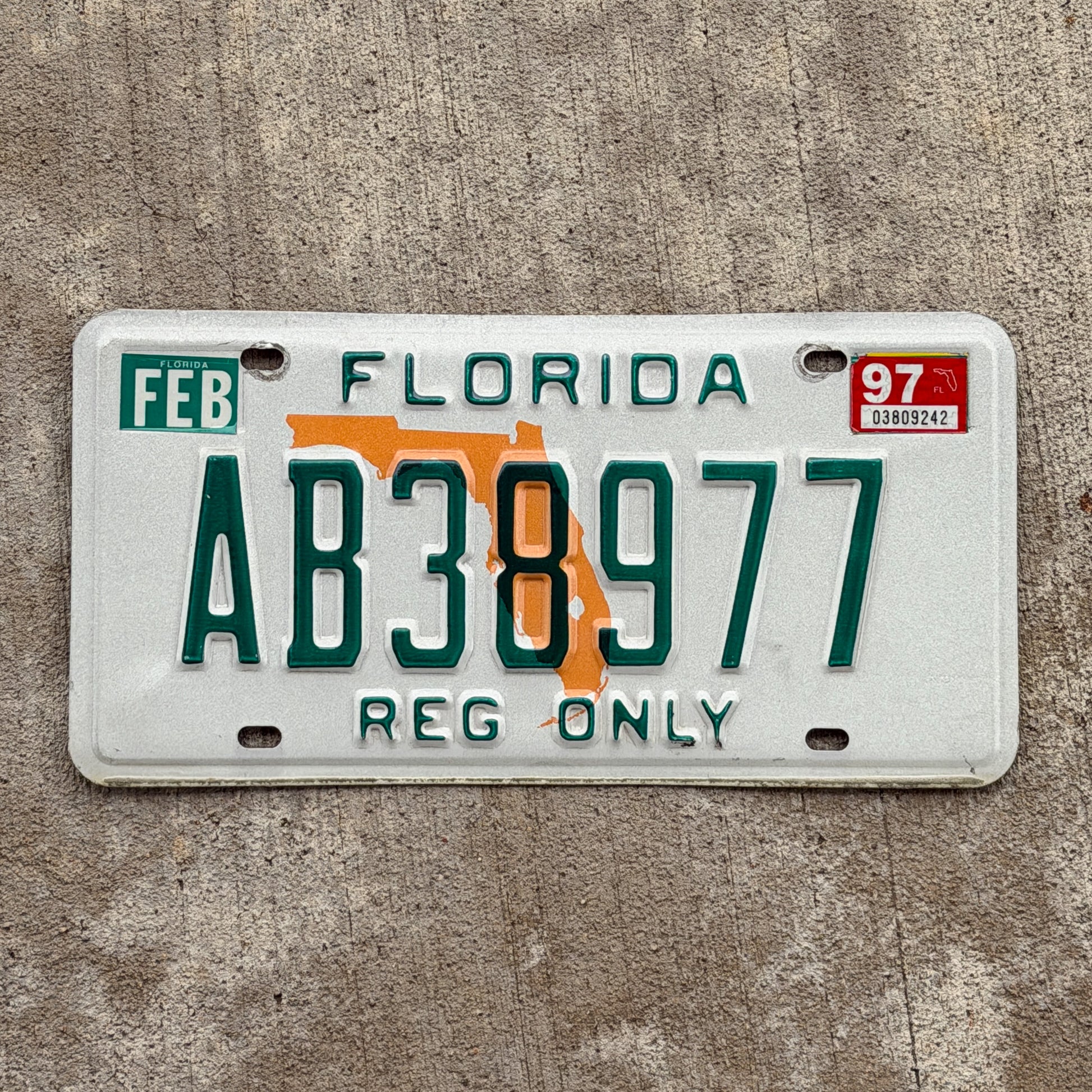 Photo of a 1996 1997 Florida Reg Only License Plate Auto Tag Garage Decor Vintage AB 38977 with original patina
