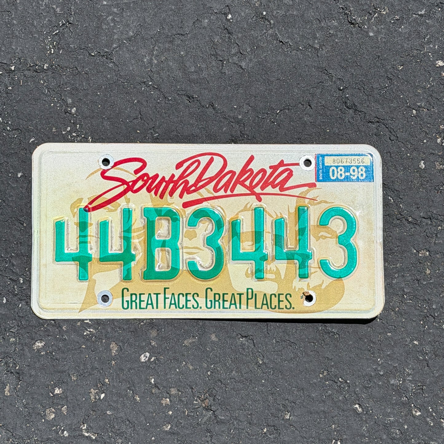 Photo of a 1996 1998 South Dakota License Plate Auto Tag Garage Decor Vintage 44B3443 with original patina