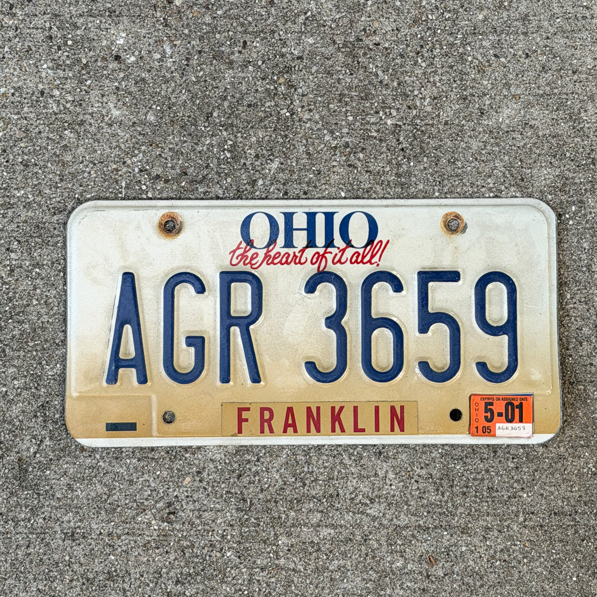 Photo of a 1996 2001 Ohio License Plate Auto Tag Garage Decor Vintage AGR 3659 with original patina