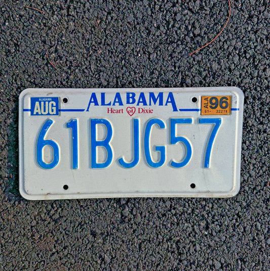Photo of a 1996 Alabama License Plate Auto Tag Garage Decor Vintage Heart of Dixie 61 BJG 57