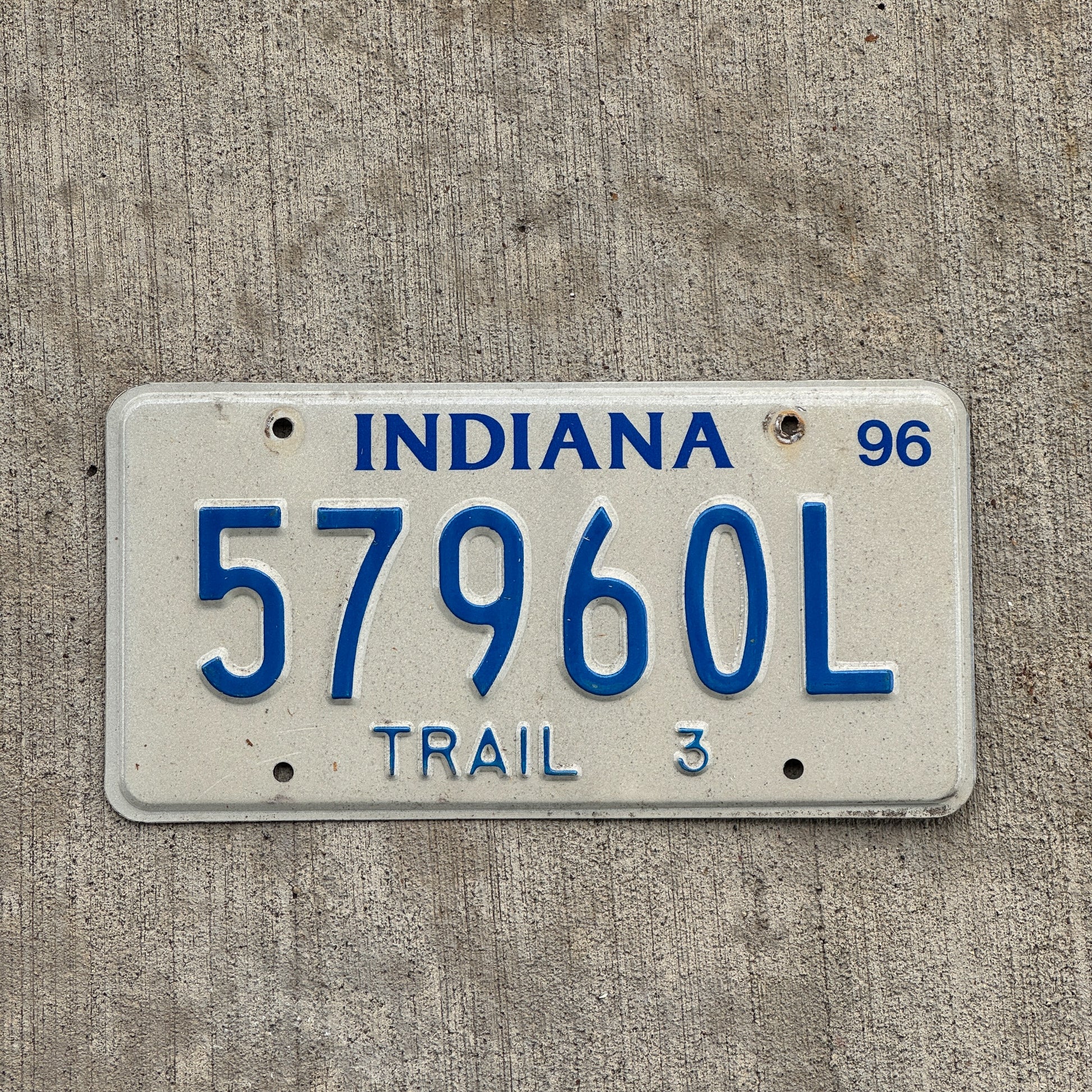 Photo of a 1996 Indiana Trailer License Plate Auto Tag Garage Decor Vintage 57960 L with original patina