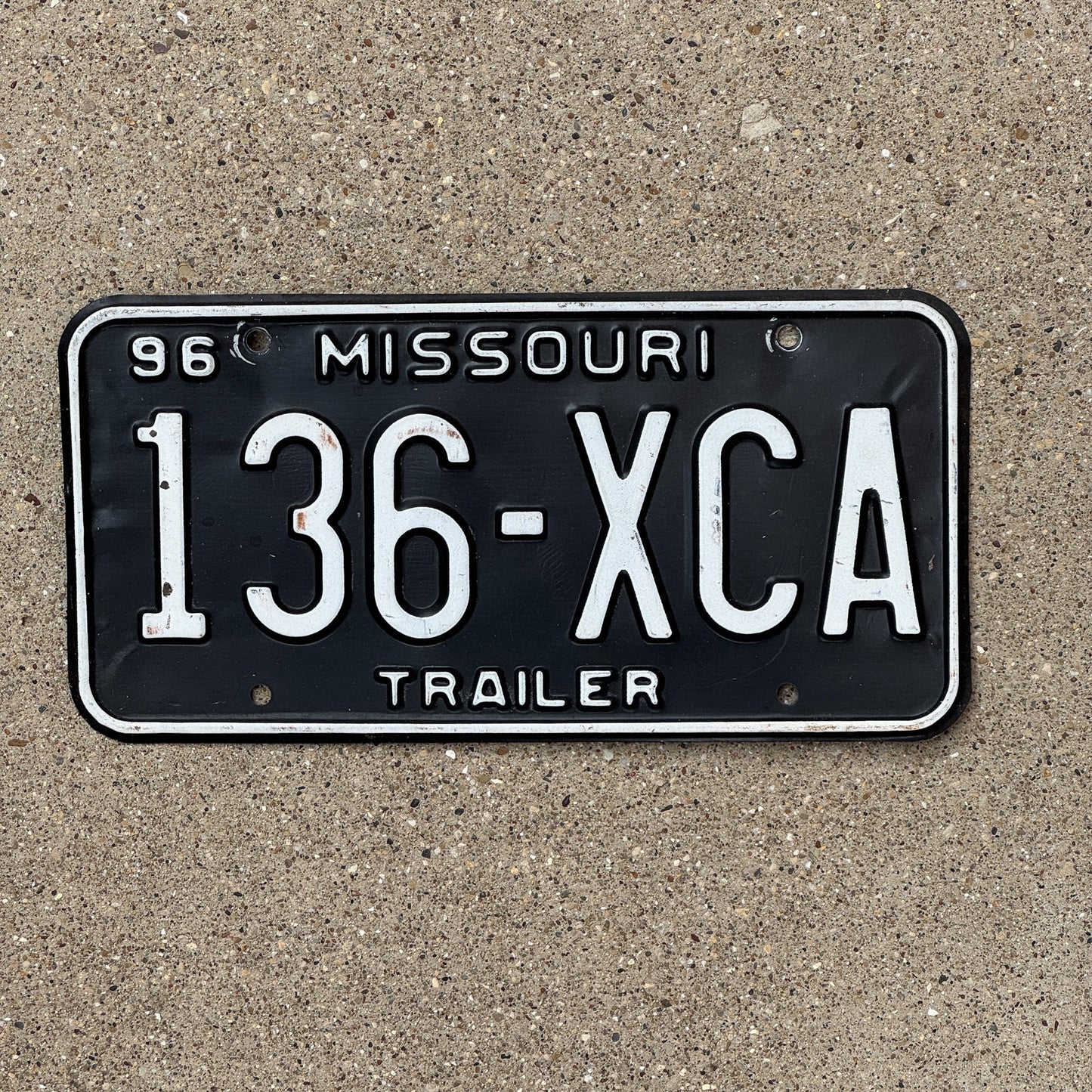 Photo of a 1996 Missouri Trailer License Plate Auto Tag Garage Decor Vintage 136 XCA