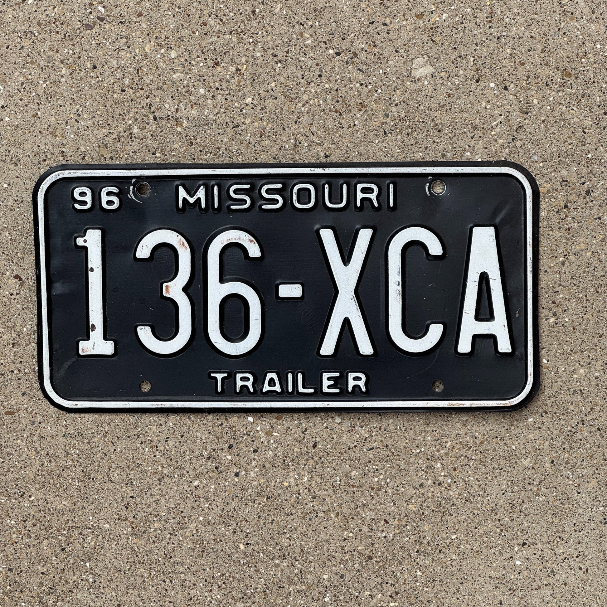 Photo of a 1996 Missouri Trailer License Plate Auto Tag Garage Decor Vintage 136 XCA