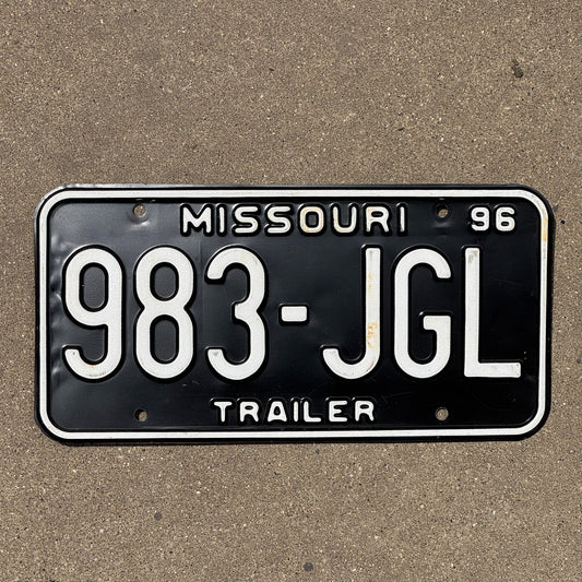 Photo of a 1996 Missouri Trailer License Plate Auto Tag Garage Decor Vintage 983 JGL