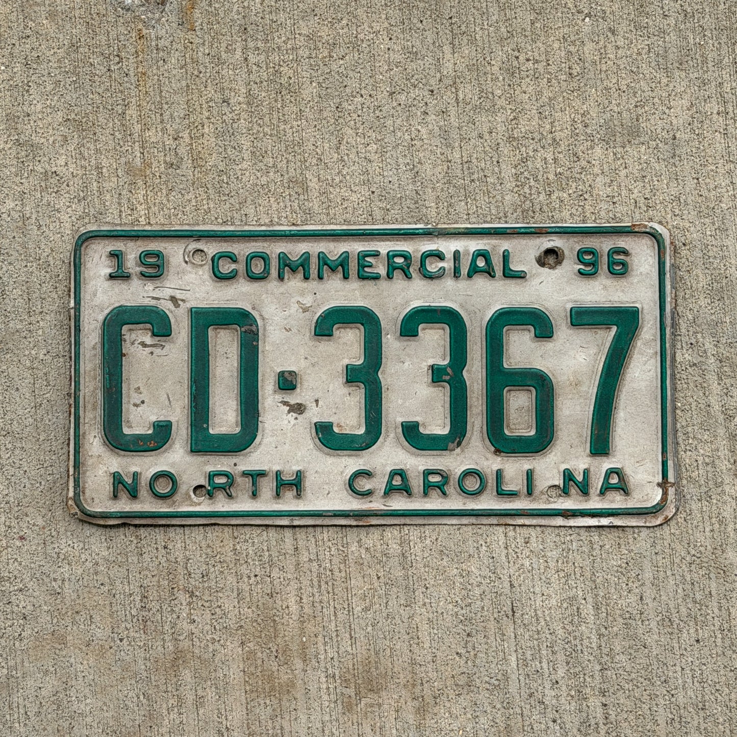 Photo of a 1996 North Carolina Commercial License Plate Auto Tag Garage Decor Vintage CD 3367 with original patina