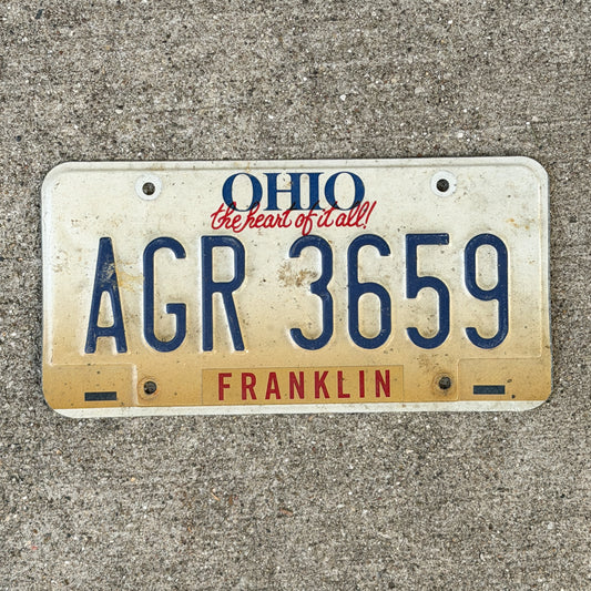 Photo of a 1996 Ohio License Plate Auto Tag Garage Decor Vintage AGR 3659 with original patina