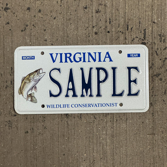 Photo of a 1996 Virginia Graphic Sample License Plate Auto Tag Garage Decor Vintage Bass Fishing SAMPLE
