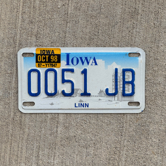 Photo of a 1997 1998 Iowa Motorcycle License Plate Auto Tag Garage Decor Vintage Linn County 0051 JB