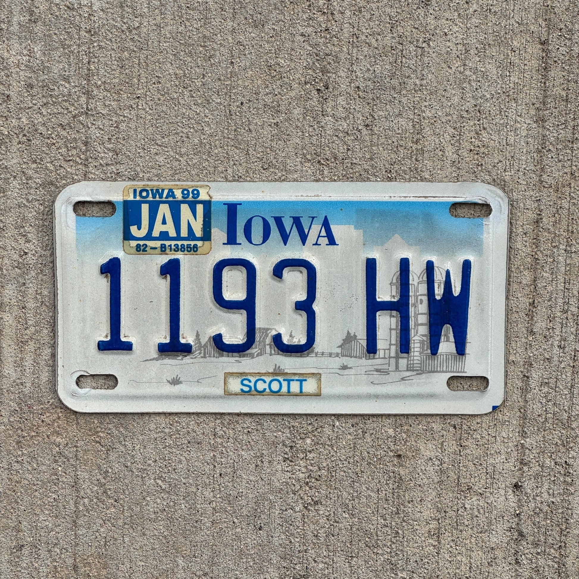 Photo of a 1997 1999 Iowa Motorcycle License Plate Auto Tag Garage Decor Vintage Scott County 1193 HW