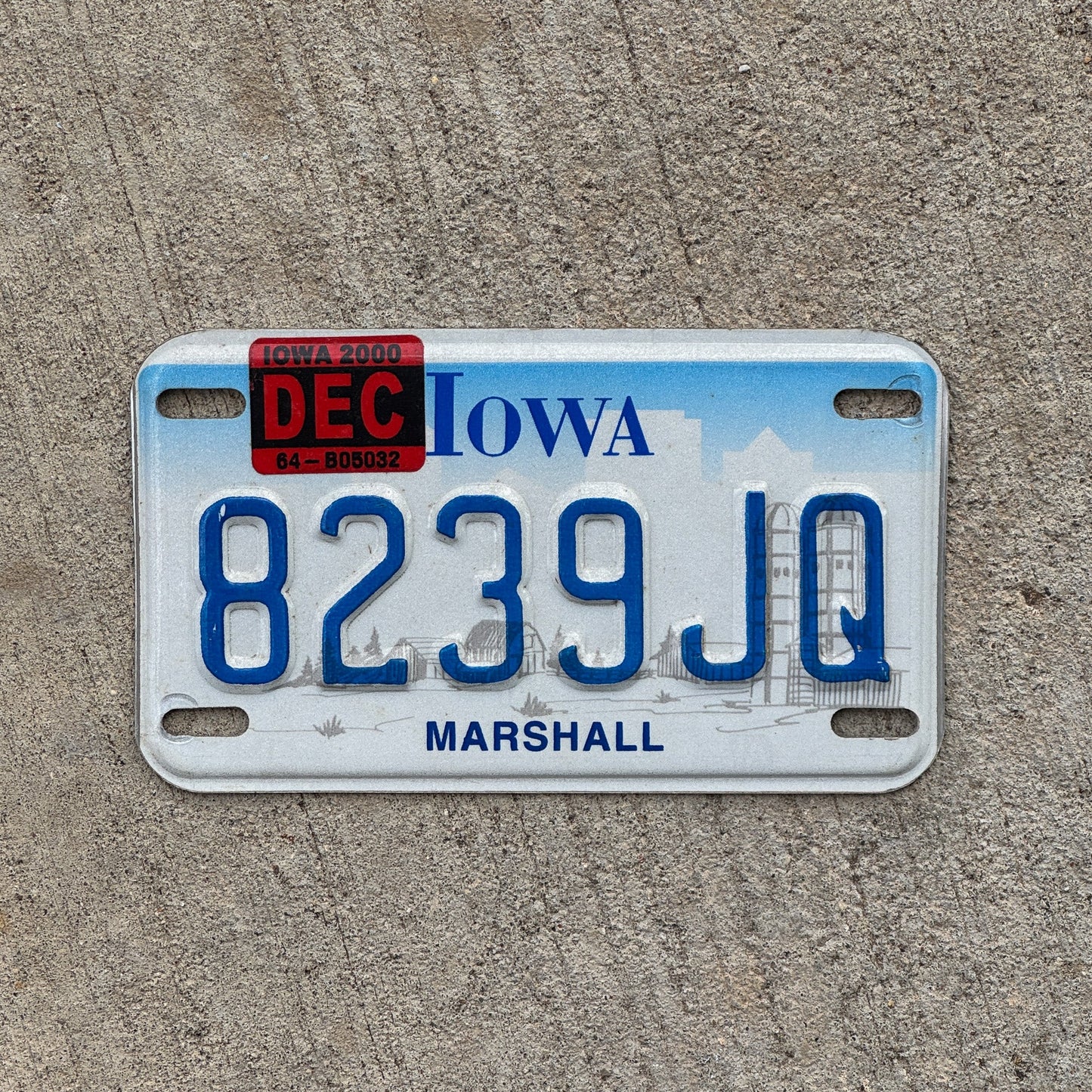 Photo of a 1997 2000 Iowa Motorcycle License Plate Auto Tag Garage Decor Vintage Marshall County 8239 JQ