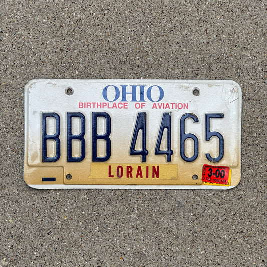 Photo of a 1997 2000 Ohio License Plate Auto Tag 1 Vintage Garage Repeat Repeating BBB 4465 with original patina