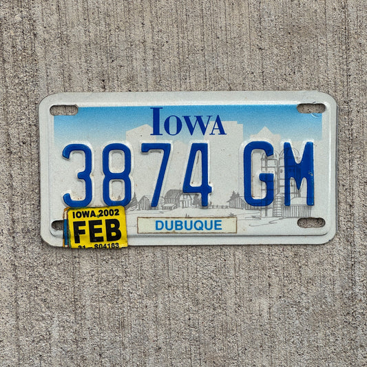 Photo of a 1997 2002 Iowa Motorcycle License Plate Auto Tag Garage Decor Vintage Dubuque County 3874 GM