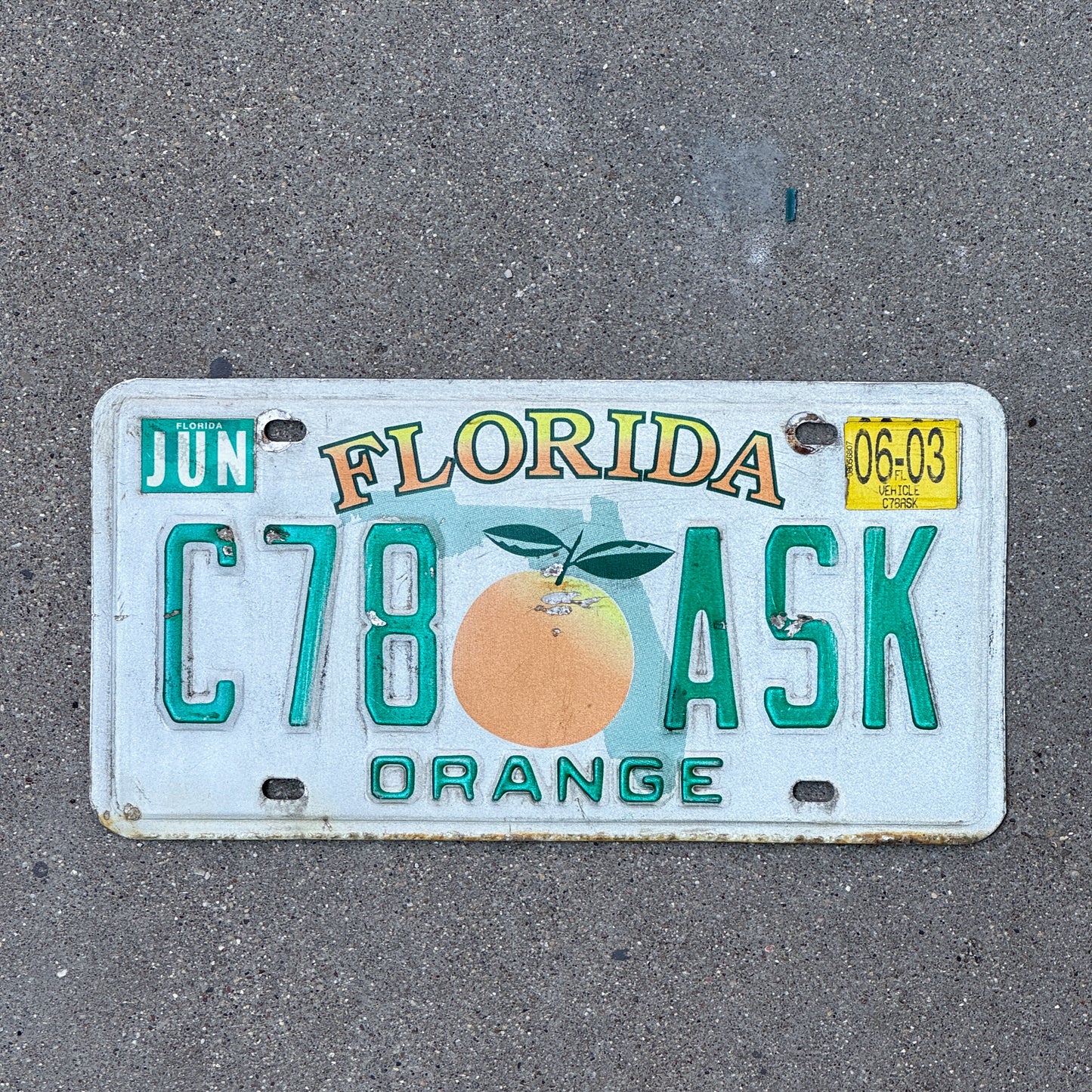 Photo of a 1997 2003 Florida License Plate Auto Tag Garage Decor Vintage C78 ASK with original patina