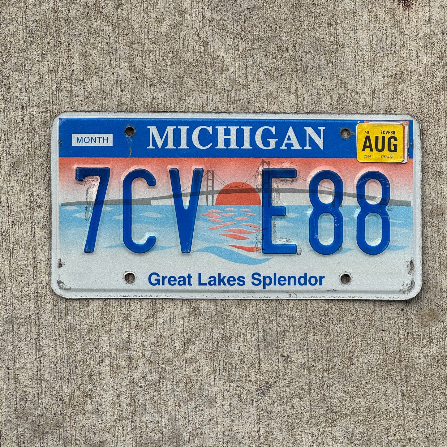 Photo of a 1997 2014 Michigan Graphic / Specialty License Plate Auto Tag Garage Decor Vintage Great Lakes Splendor 7 CV E88 with original patina