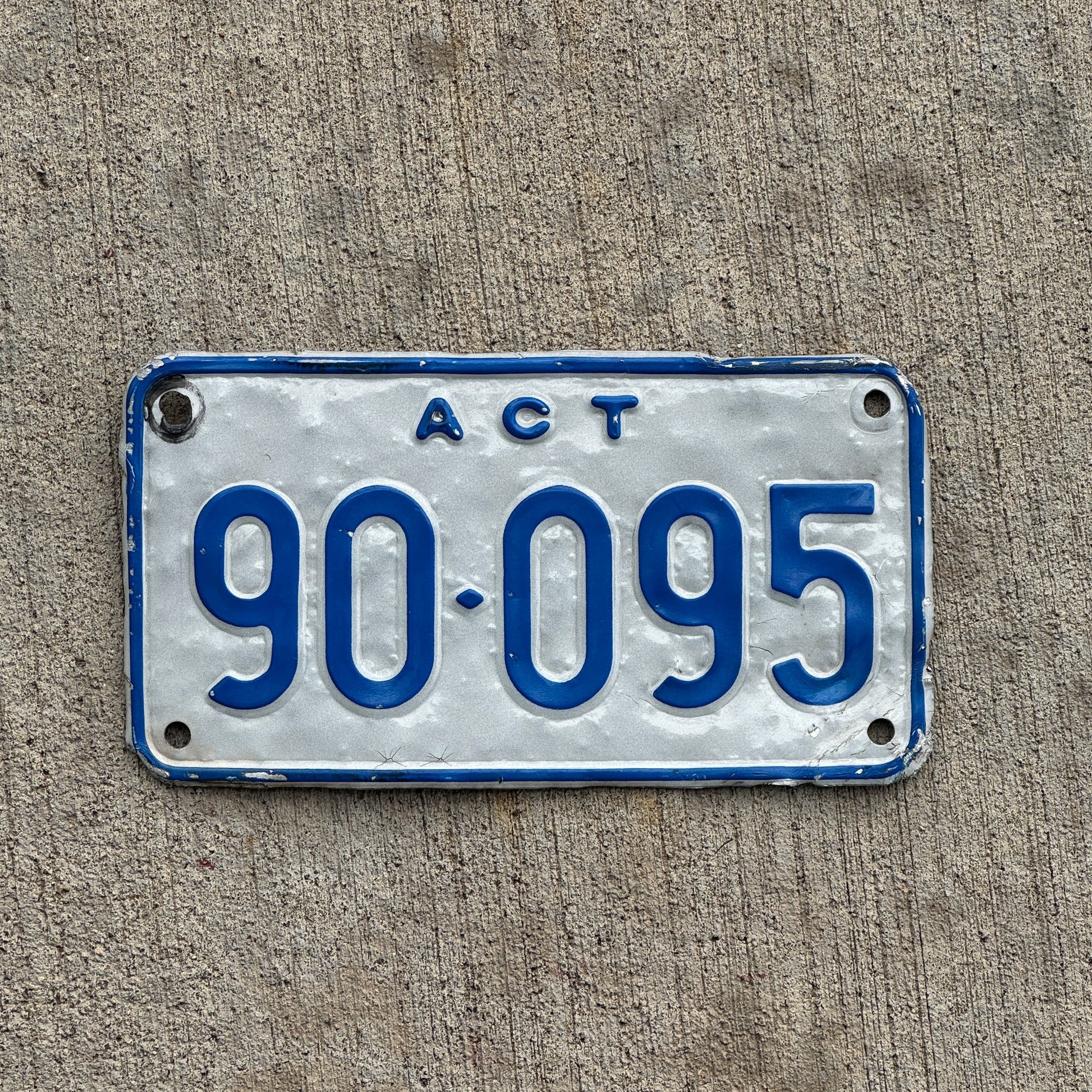 Photo of a 1997 Australian Capital Territory ACT Motorcycle License Plate Auto Tag Garage Decor Vintage Australia 90 095 with original patina