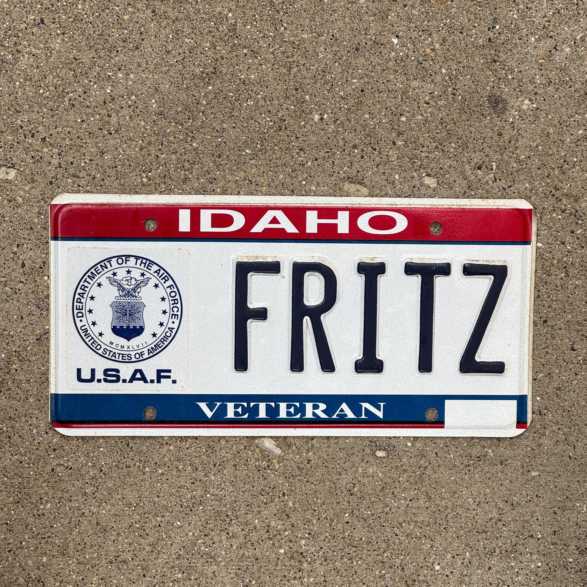 Photo of a 1997 Idaho VANITY USAF License Plate Auto Tag Garage Decor Vintage Air Force Vet FRITZ