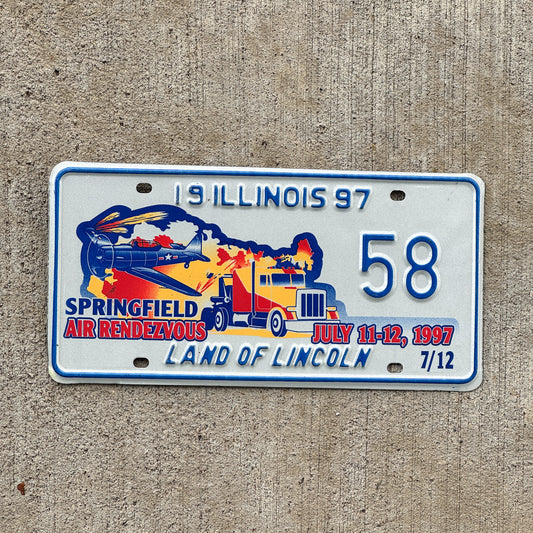 Photo of a 1997 Illinois Event License Plate Auto Tag Garage Decor Vintage Springfield Air Rendezvous 58 with original patina
